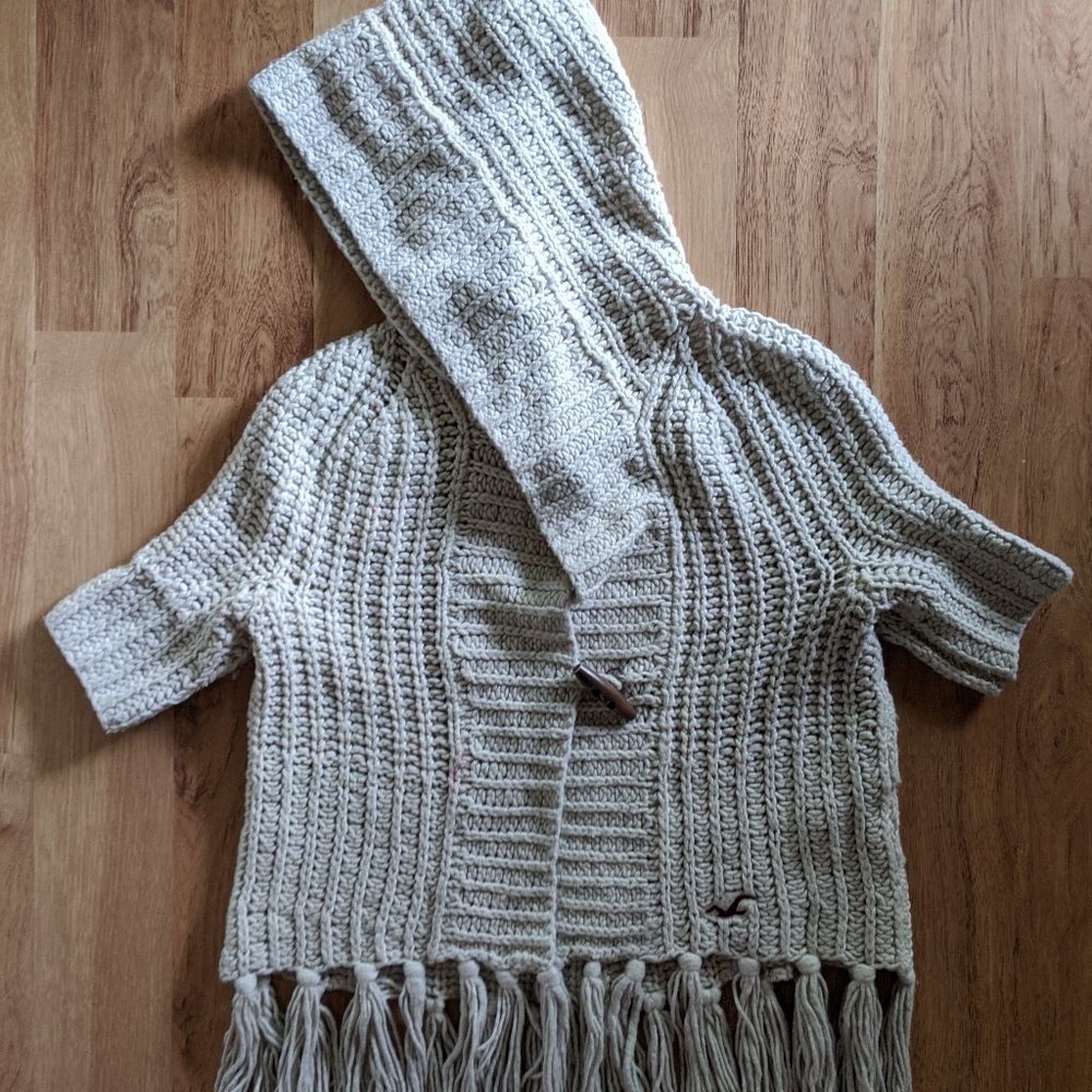 Hollister Women Girl XS S White Wool Cardigan Jacket Hood Tassel Half Sleeve